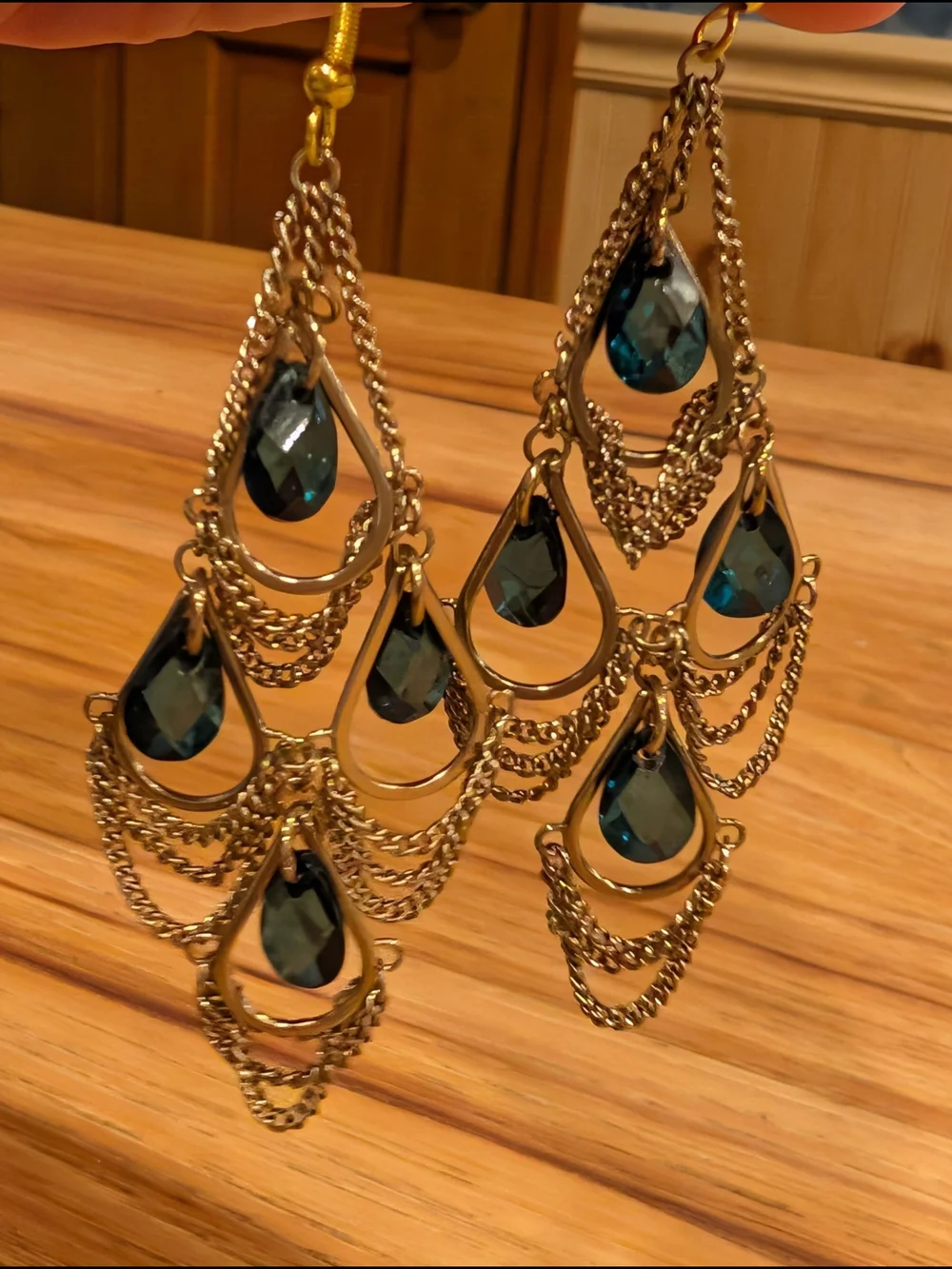 Source Unknown Gold-Tone Chandelier Earrings with Teal Blue Stones